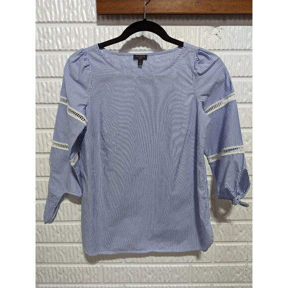 Talbots Women's Blue & White & Blue Striped Tie Sleeve Blouse Size S - Picture 1 of 5